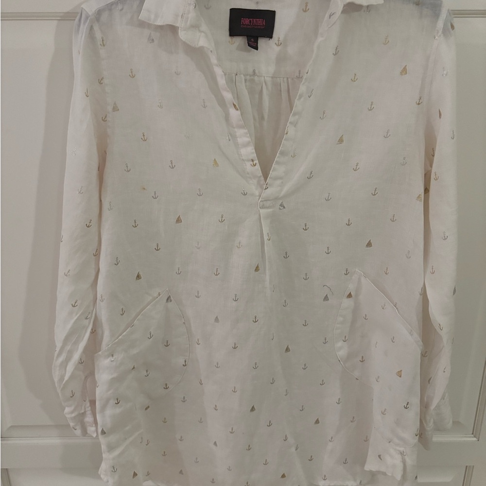 FOR CYNTHIA‎ BEACHWEAR Linen Novelty sailboat anchor Print Coverup Tunic size S